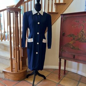 Vintage Bicci New York 80’s Navy Blue Button Down With Cream Collar Dress Sz 6